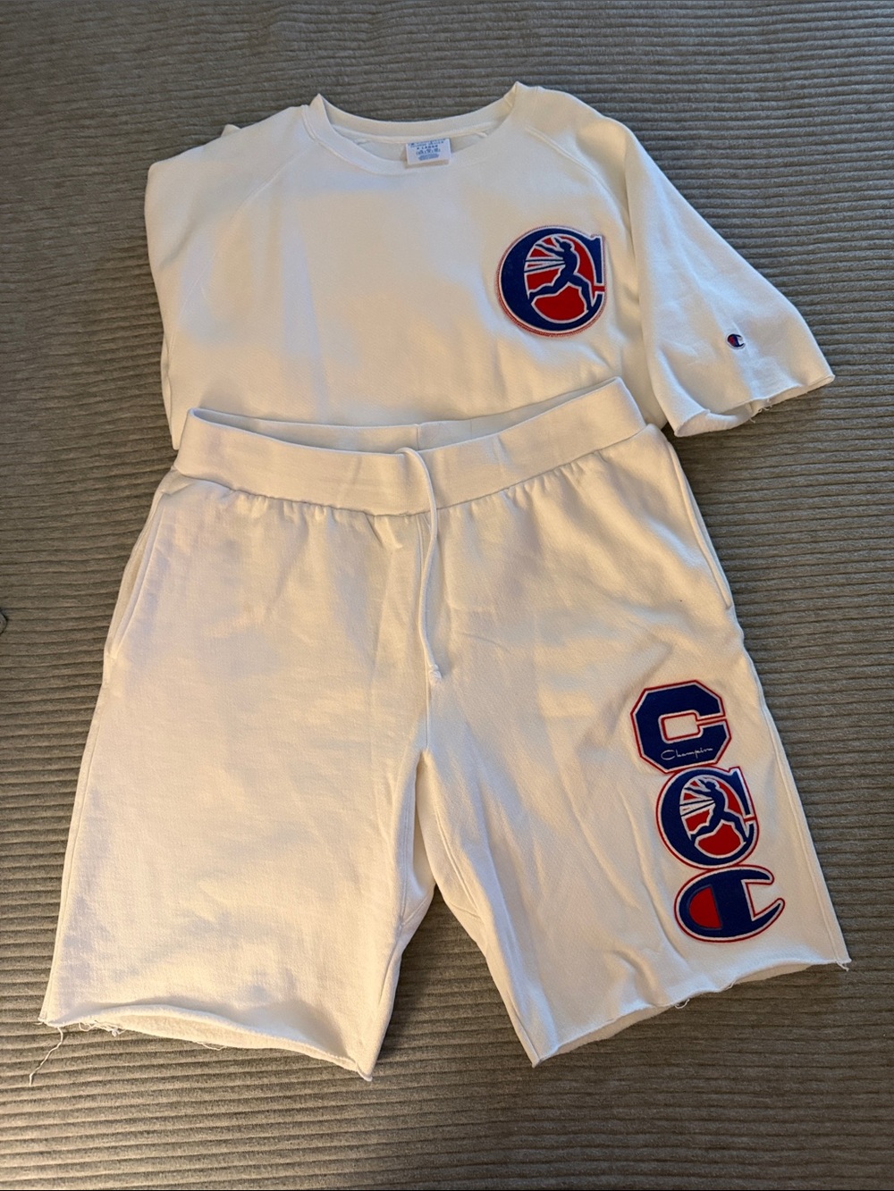 Champion White Tee and Shorts Set with Blue and Red Logos